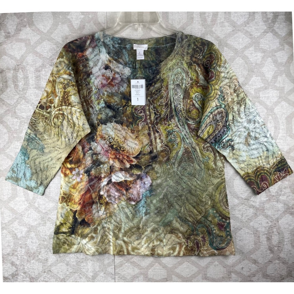 Chico's Quite Dreamy Beaded Top Womens 1 Multicolor NWT Floral Paisley Mesh Lace